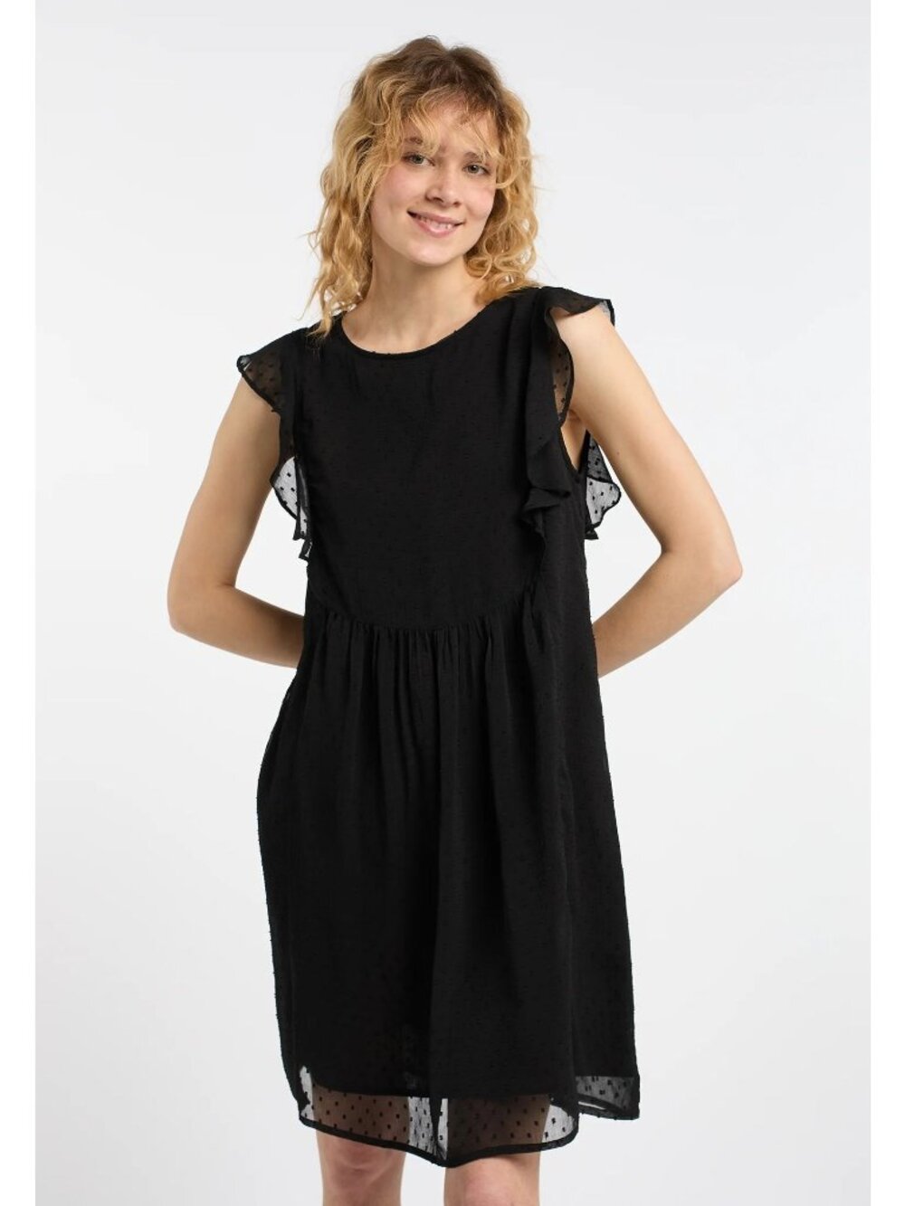 H&M Dress Size 6 Black Textured Ruffle Sleeves Pleated Waist Flared Skirt